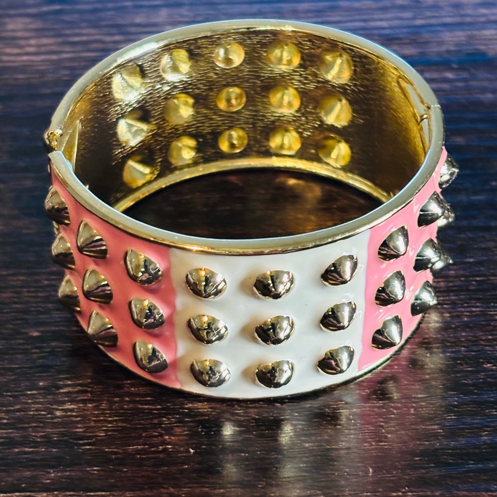Pink White Enamel Gold Tone Cone Studded‎ Hinged Cuff Bracelet Punk Statement